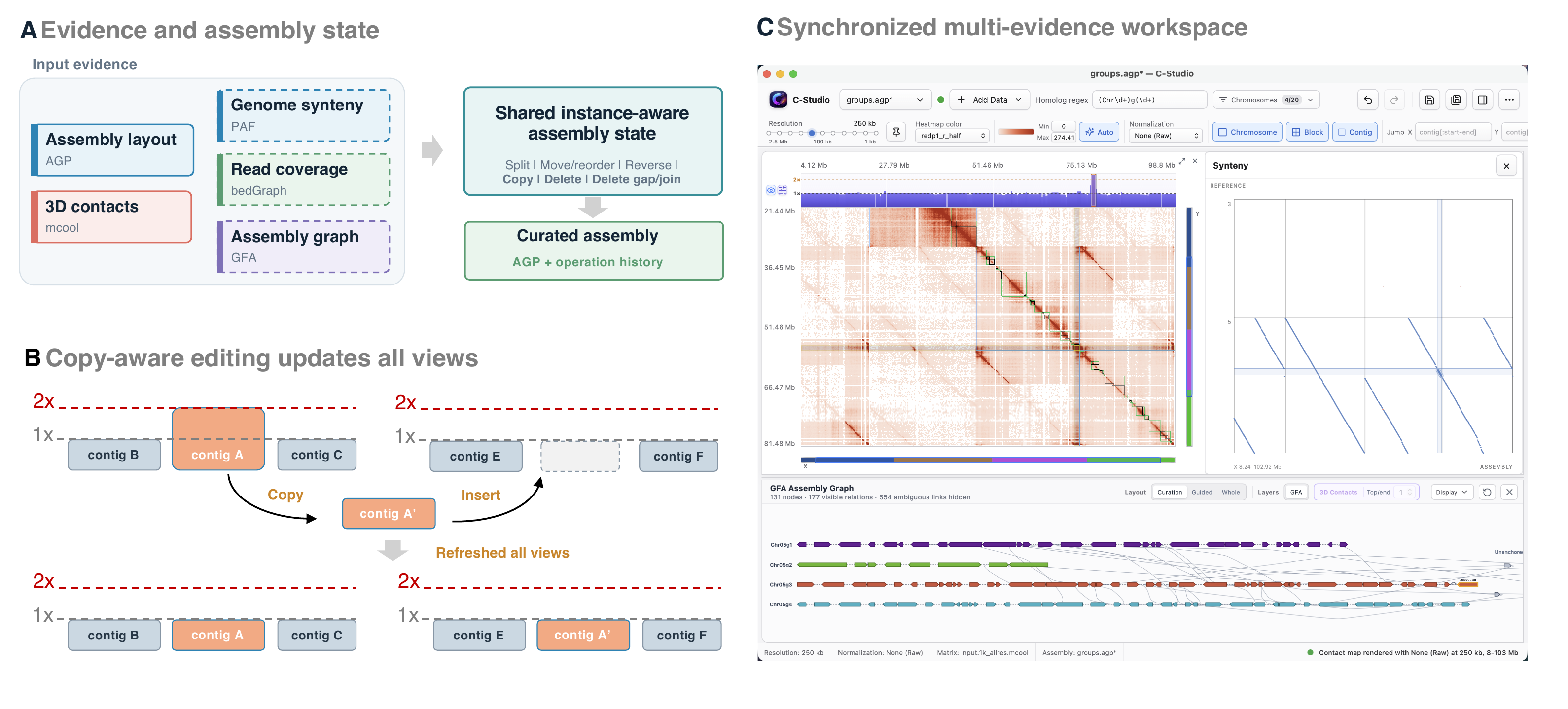 Figure 1. C-Studio combines assembly state and evidence views in a synchronized workspace.